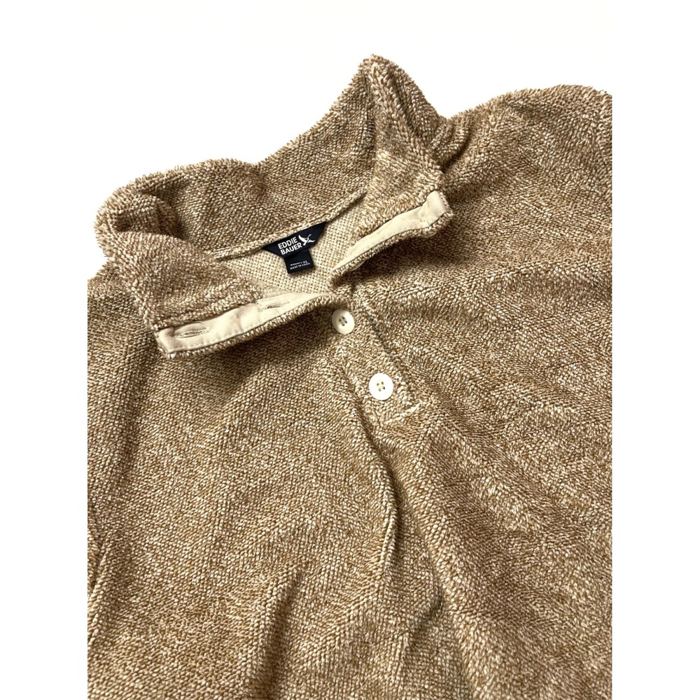 Eddie Bauer Womens XL Brown Tan Marl Fleece Pullover Button Henley Sweater EB99
